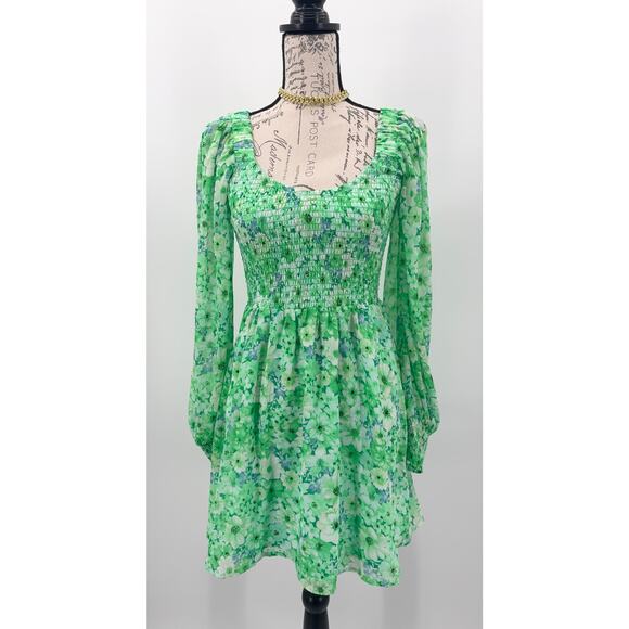 B2 Steve Madden Green Floral Mini Dress Womens Small Long Sleeves Cottagecore - Picture 2 of 7